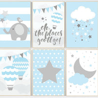 CUSTOMIZE! Nursery decor boy, nursery decor wall art, oh the places you'll go, blue gray decor, hot air balloon, nursery decor elephant