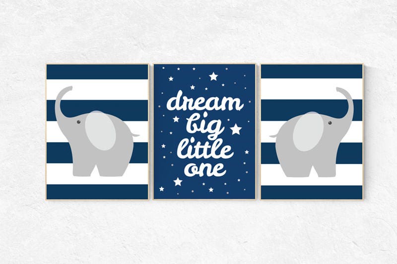 Navy nursery decor, dream big little one, navy gray, elephant nursery, kids room decor, nursery decor baby boy nursery decor, navy grey