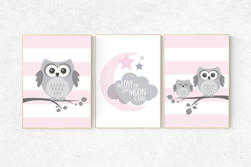 Pink nursery decor, Owl nursery wall art, we love you to the moon, bab
