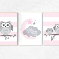 Pink nursery decor, Owl nursery wall art, we love you to the moon, baby girl room decor, owl nursery decor baby girl nursery decor nursery