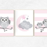 Nursery wall art girl, owl nursery, pink and gray nursery, we love you to the moon and back, nursery decor girl wall art, owl nursery art