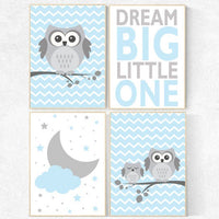 Nursery decor boys, moon print, dream big little one, owl nursery wall art, blue gray nursery, boys room wall art, baby boy nursery ideas