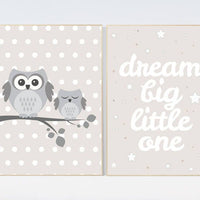 Owl nursery decor, dream big little one, gender neutral nursery, owl decor for nursery, beige and cream, cloud Nursery Decor Gray Beige