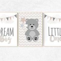 Bear nursery decor, gender neutral nursery, dream big little one, neutral nursery, nursery wall art bear, bear nursery print, gray nursery