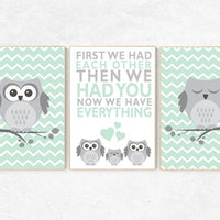 Mint nursery decor, First We Had Each Other, owl Nursery, Nursery Art, Nursery Decor, gender neutral nursery, set of 3, playroom decor