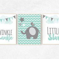 Twinkle Twinkle Little Star Do You Know How Loved You Are Kid's room nursery Print new baby set of 4, stars clouds elephant mint gray silver