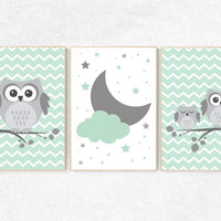 Nursery decor mint, nursery decor neutral, mint and gray nursery decor, owl nursery art, mint green nursery, green nursery, cloud and stars