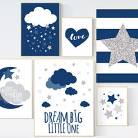 Baby boy nursery decor, navy silver nursery, navy silver nursery set, dream big little one, we love you to the moon and back, cloud nursery