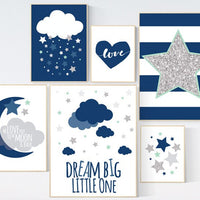 Baby boy nursery decor, navy gray mint nursery, navy silver nursery set, dream big little one we love you to the moon and back cloud nursery