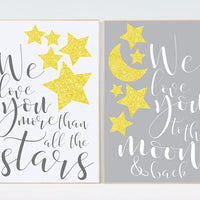 We love you more than all the stars - We love you to the moon and back, yellow nursery decor, yellow silver, gender neutral nursery wall art
