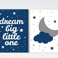 Baby boy nursery set, Moon and stars nursery, navy blue nursery decor, Dream Big Little One Art Print baby boy nursery navy gray nursery