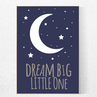 Navy nursery, Dream Big Little One, Moon and stars Nursery Art, boys room decor, navy nursery decor boy, boys room wall art, cloud nursery