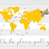 Oh the places you'll go, travel nursery decor, World Map wall art, world map nursery, yellow nursery, gender neutral nursery, yellow gray