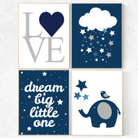 Navy blue wall art set, dream big little one, navy blue nursery prints, navy gray, nursery decor boy, nursery decor elephant, elephant