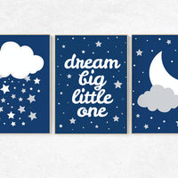 Navy nursery, dream big little one, cloud nursery art, Baby boy nursery decor, navy gray nursery, boys room wall art, baby room prints