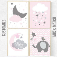 Pink Gray Nursery Art, Baby Girl Nursery Decor, Nursery Print, Baby Girl Pink Nursery Art, set of 4, Baby Girl Wall Art, cloud nursery print