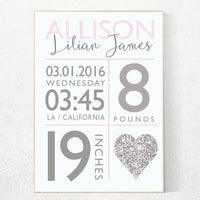 Girl birth announcement nursery decor, pink nursery decor, nursery prints, baby birth print, pink nursery, baby stats, new baby gift ideas