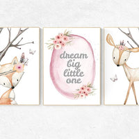 Nursery prints woodland, dream big little one, animal flower crown prints, nursery prints animals, nursery decor girl flower, flower nursery