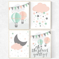 Coral mint nursery, gender neutral, Oh the places you'll go, coral teal nursery, nursery decor girls, baby room decor, twin nursery wall art