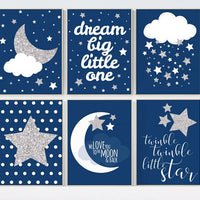 Baby boy nursery decor, navy silver nursery, navy silver nursery set, dream big little one, we love you to the moon and back, navy blue