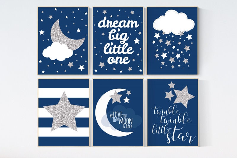 Navy silver nursery, navy silver nursery set, Baby boy nursery decor, dream big little one, we love you to the moon and back, navy blue