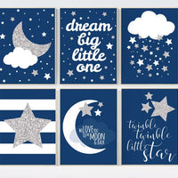Navy silver nursery, navy silver nursery set, Baby boy nursery decor, dream big little one, we love you to the moon and back, navy blue