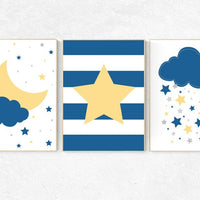 Navy yellow nursery decor, navy nursery, boys room decor, nursery decor boy, cloud nursery, star nursery, boys room wall art, baby boy