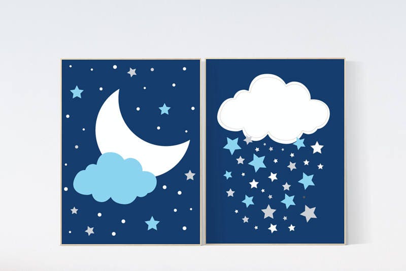 Navy nursery decor, cloud nursery art, star nursery, nursery decor boy, Baby boy nursery decor, navy gray nursery, boys room wall art