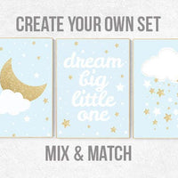 Nursery decor boy, blue gold nursery decor, cloud, stars and moon, boy nursery room wall decor, baby blue and gold, nursery prints