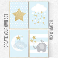 Nursery decor boy, blue nursery decor, dream big little one, blue and gold nursery, stars, cloud nursery, boys room nursery, gold nursery