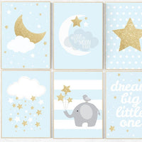 Nursery decor boy, blue nursery decor, dream big little one, blue and gold nursery, stars, cloud nursery, boys room nursery, gold nursery