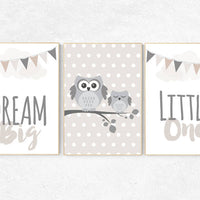 Owl nursery decor, Dream Big Little One, gender neutral nursery, beige and cream, Nursery Decor, Gray Beige gender neutral baby shower