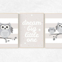 Owl nursery decor, Dream Big Little One, gender neutral nursery, beige and cream, Nursery Decor, Gray Beige gender neutral baby shower