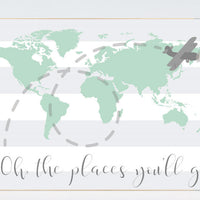 Mint nursery decor, Oh the places you'll go, world map nursery decor neutral, nursery map print, mint and gray nursery decor, adventure