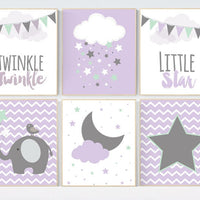 Nursery decor girl purple teal, twinkle twinkle little one, elephant nursery, lilac and mint nursery prints, cloud nursery, lavender, purple