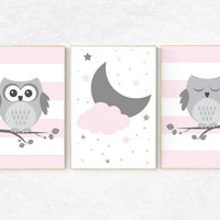 Nursery decor girl, nursery wall art pink and gray, Owl nursery wall art, baby girl room decor, baby girl nursery decor, pink grey