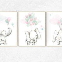 Nursery decor elephant, pink mint nursery decor, pink teal nursery, animal balloons, mint green, pink, animal prints balloons, wall art