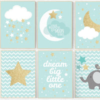 Mint gold nursery, dream big little one, we love you to the moon and back, elephant nursery, Mint gold nursery decor, mint and gold