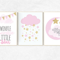 Twinkle twinkle little star, pink gold nursery, girls room decor, cloud nursery wall art, pink and gold, we love you to the moon and back
