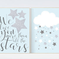 Baby boy nursery wall art, we love you more than all the stars, cloud nursery, blue gray nursery decor, kids room decor, new baby gift