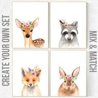 Nursery decor girls, Nursery prints woodland, animal flower crown, nursery prints animals, nursery decor girl flower, deer, bunny, fox