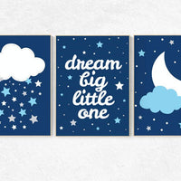 Navy nursery, dream big little one, nursery decor boy, navy blue nursery wall art, cloud and star nursery, boys room decor, dream big