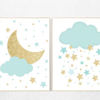 Mint gold nursery, mint nursery decor, Mint and gold baby shower, nursery wall art, nursery prints, baby's nursery room, cloud and stars