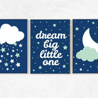 Navy mint nursery, dream big little one, cloud nursery art, Baby boy nursery decor, navy mint nursery, boys room wall art, baby room prints