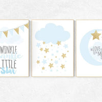 Twinkle twinkle little star, blue gold nursery, boys room decor, cloud nursery wall art, blue and gold, we love you to the moon and back