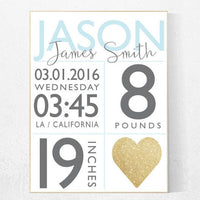 Birth stat print, blue gold nursery decor, nursery prints, blue and gold, baby birth print, baby stats, new baby gift, boys room ideas