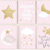 Pink gold nursery art, dream big little one, twinkle twinkle little star, nursery decor, pink and gold, moon nursery, baby girl wall art