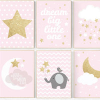 Pink gold nursery art, elephant nursery, dream big little one, twinkle twinkle little star, nursery decor, pink and gold, baby girl wall art