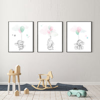 Pink mint nursery decor, elephant balloon nursery art, Nursery decor animals, nursery decor elephant girl, pink teal, pink aqua nursery