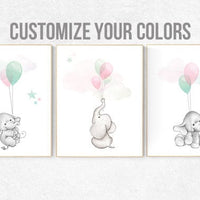 Pink mint nursery decor, elephant balloon nursery art, Nursery decor animals, nursery decor elephant girl, pink teal, pink aqua nursery